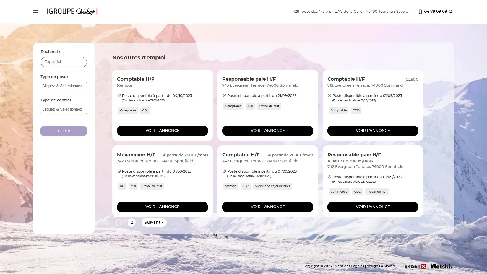 Page des offres d’emploi du groupe Skishop, avec son panneau de filtres.